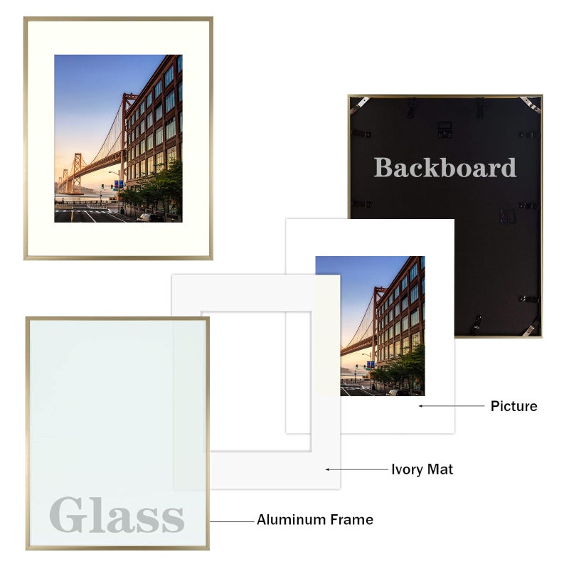 Frametory, 12x16 Aluminum Picture Frame - 12 x 16 Gold Frame with Removable Mat for 8.5 x 11 Photo - 16 by 12 Durable Metal Frame with Real Glass - Sawtooth Hanger for Easy Wall Display - 1 Pack - Image 4